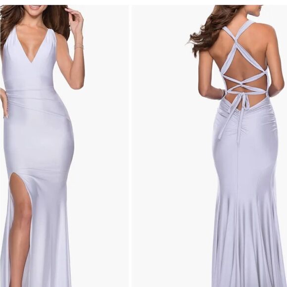 La Femme - 28677 Deep V-neck Jersey Sheath Dress size 4 white NWT $326